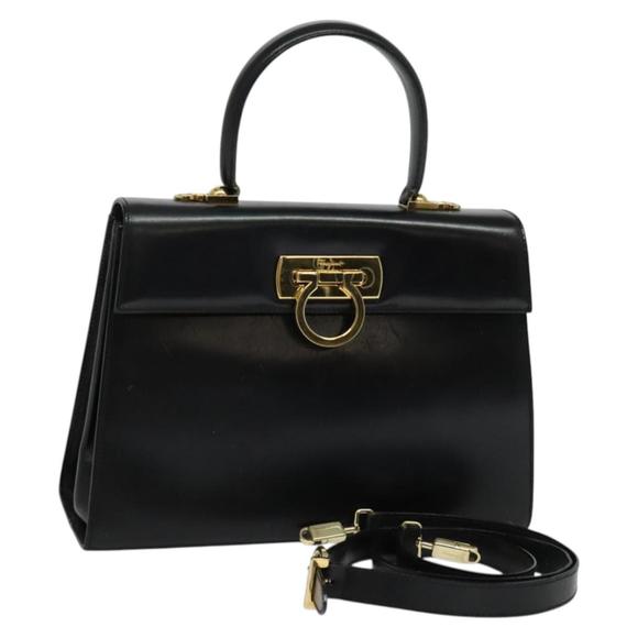 Salvatore Ferragamo Gancini Hand Bag Leather 2way Black Gold Auth 133757